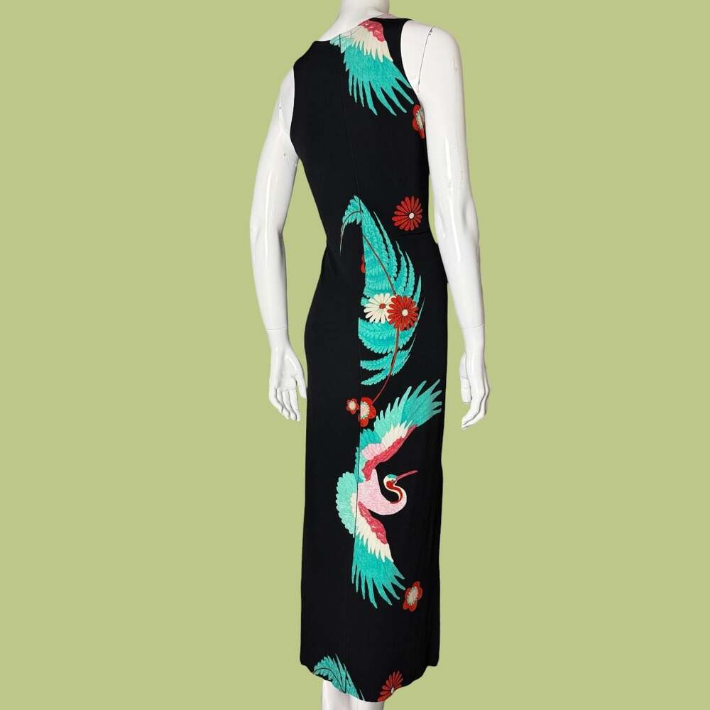 Vintage Eva Varro Slinky Floral Crane Japanese Inspired Maxi Dress - Picture 2 of 3